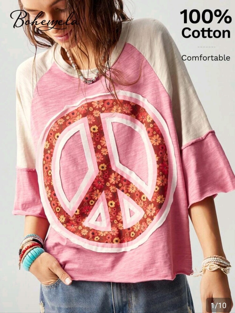 Bohemela Women’s Pink Peace Sign Raglan Tee